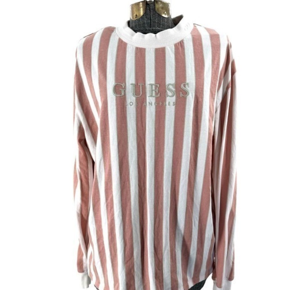 Guess Pink Striped Long Sleeve Crew Neck‎ Shirt Embroidered Guess Logo Women's M